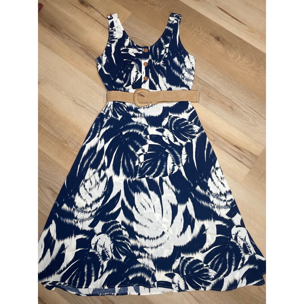 Fred David Blue White Tropical Print Midi Dress Belted Sleeveless Size Small - Picture 8 of 10